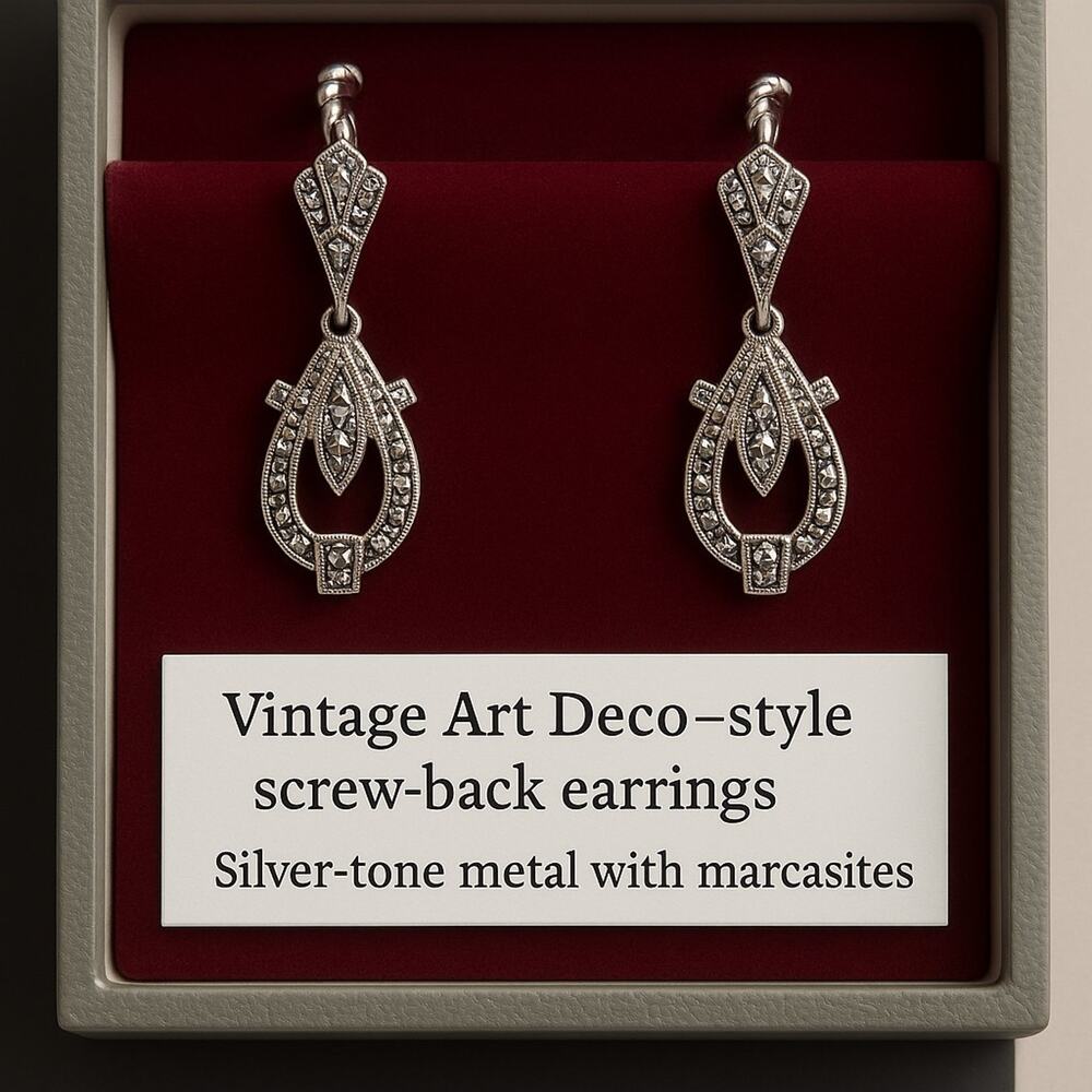 Vintage 925 Sterling and Marcasite Art Deco Screw back Earrings includes box